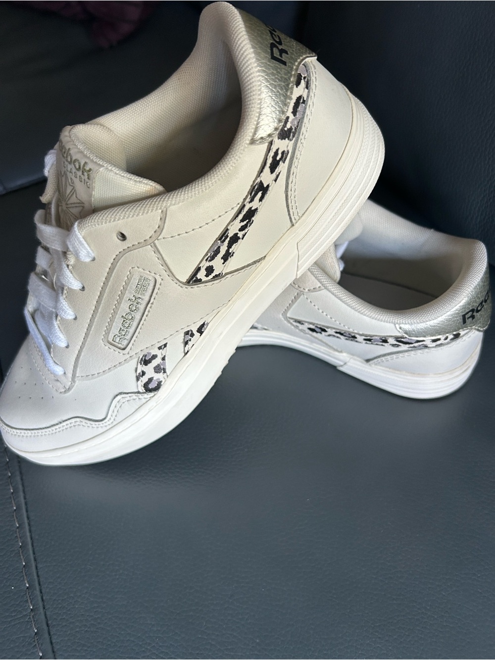 Reebok Club Memt Bold White Cheetah Print Shoes Lace Up Sneaker Women's Size7.5